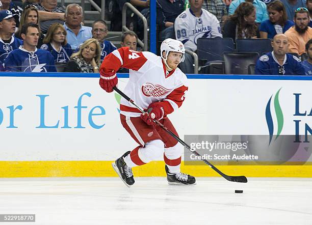Gustav Nyquist of the Detroit Red Wings skates against the Tampa Bay Lightning during Game One of the Eastern Conference Quarterfinals during the...