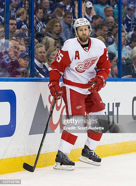 Niklas Kronwall of the Detroit Red Wings skates against the Tampa Bay Lightning during Game One of the Eastern Conference Quarterfinals during the...
