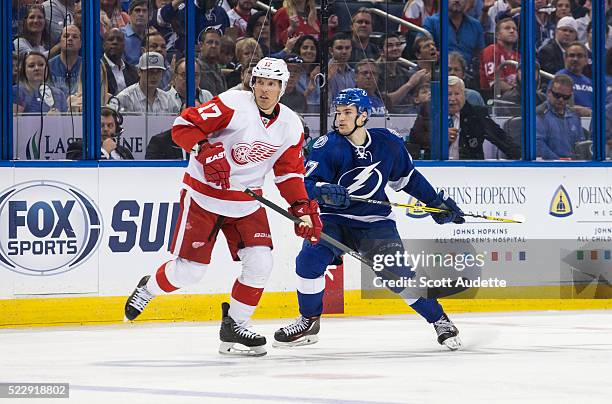 Jonathan Drouin of the Tampa Bay Lightning skates against Brad Richards of the Detroit Red Wings during the third period of Game One of the Eastern...