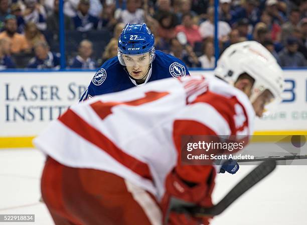 Jonathan Drouin of the Tampa Bay Lightning skates against the Detroit Red Wings during the third period of Game One of the Eastern Conference...