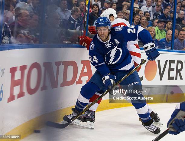Ryan Callahan of the Tampa Bay Lightning skates against the Detroit Red Wings during the third period of Game One of the Eastern Conference...