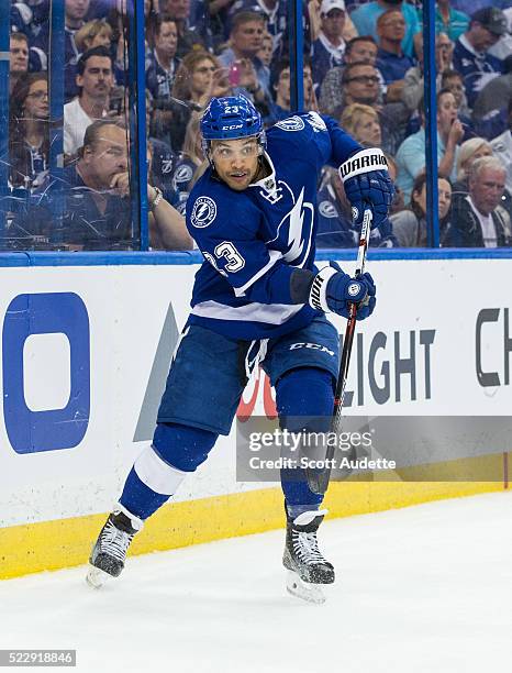 Brown of the Tampa Bay Lightning skates against the Detroit Red Wings during the third period of Game One of the Eastern Conference Quarterfinals...