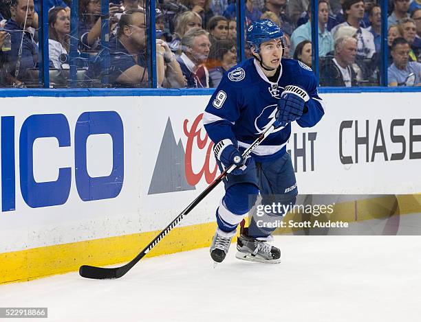 Tyler Johnson of the Tampa Bay Lightning skates against the Detroit Red Wings during the third period of Game One of the Eastern Conference...