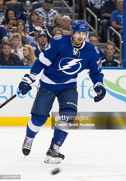 Alex Killorn of the Tampa Bay Lightning skates against the Detroit Red Wings during the third period of Game One of the Eastern Conference...