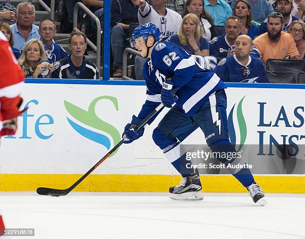 Andrej Sustr of the Tampa Bay Lightning skates against the Detroit Red Wings during the third period of Game One of the Eastern Conference...