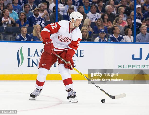 Jonathan Ericsson of the Detroit Red Wings skates against the Tampa Bay Lightning during Game One of the Eastern Conference Quarterfinals during the...
