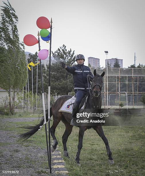 Gendarme rides a horse during a training at the Gendarme Horse and Dog Training Center in Nevsehir, Turkey on April 21, 2016. Horses and dogs are...