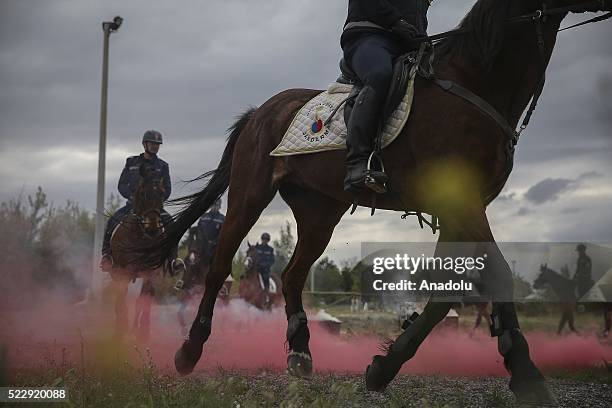 Gendarme forces ride horses during a training at the Gendarme Horse and Dog Training Center in Nevsehir, Turkey on April 21, 2016. Horses and dogs...