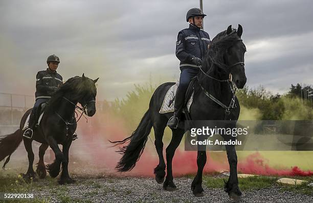 Gendarme forces ride horses during a training at the Gendarme Horse and Dog Training Center in Nevsehir, Turkey on April 21, 2016. Horses and dogs...