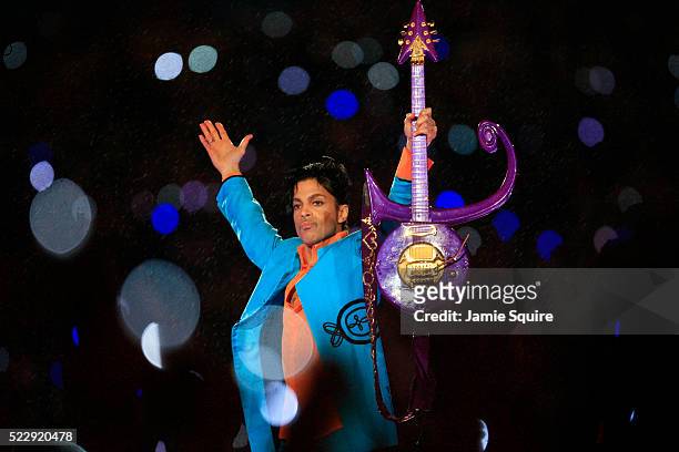 Prince performs during the 'Pepsi Halftime Show' at Super Bowl XLI between the Indianapolis Colts and the Chicago Bears on February 4, 2007 at...