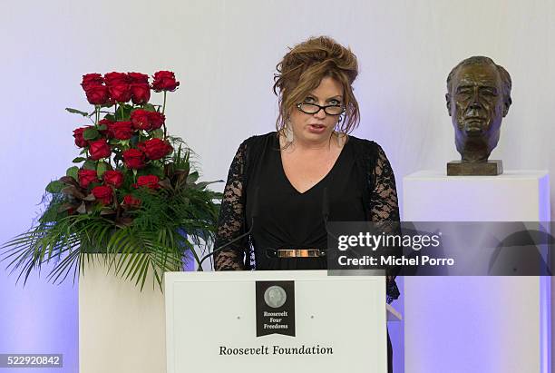 Annemiek Schrijver gives a speech during the Four Freedoms Awards ceremony on April 21, 2016 in Middelburg Netherlands.