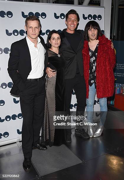 Max Bennett, Sadie Frost, Ben Charles and Noel Fielding attend a Photocall for the UK Film Premiere "Set The Thames On Fire" at BFI Southbank on...
