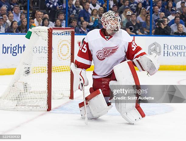 Goalie Jimmy Howard the Detroit Red Wings tends net against Tampa Bay Lightning of Game One of the Eastern Conference Quarterfinals during the 2016...