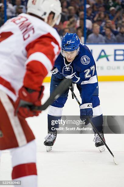 Jonathan Drouin of the Tampa Bay Lightning skates against the Detroit Red Wings during the third period of Game One of the Eastern Conference...