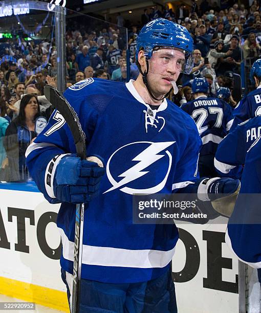 Victor Hedman of the Tampa Bay Lightning celebrates teh win against the Detroit Red Wings after Game One of the Eastern Conference Quarterfinals...