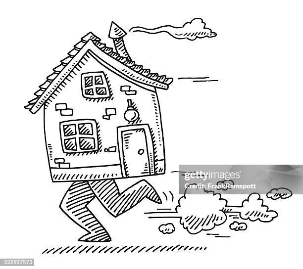 stockillustraties, clipart, cartoons en iconen met moving home concept house feet running drawing - entrance building people