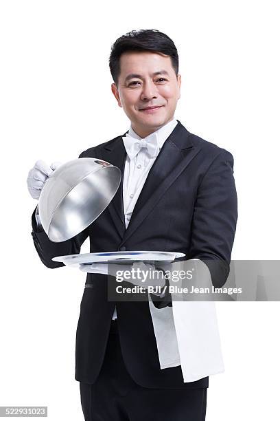 happy waiter serving food - cloche stock pictures, royalty-free photos & images