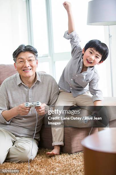 cheerful grandfather and grandson playing video game - neat video stock pictures, royalty-free photos & images