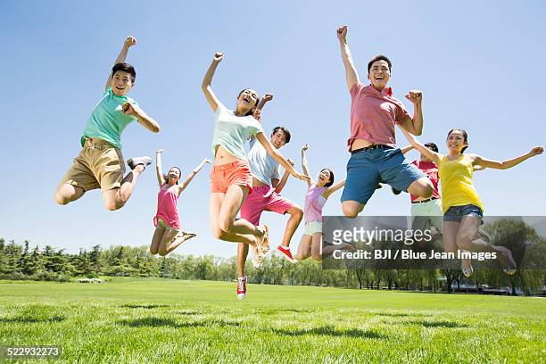 cheerful young adults jumping on grass - mann freudensprung sonne vorderansicht leger stock-fotos und bilder