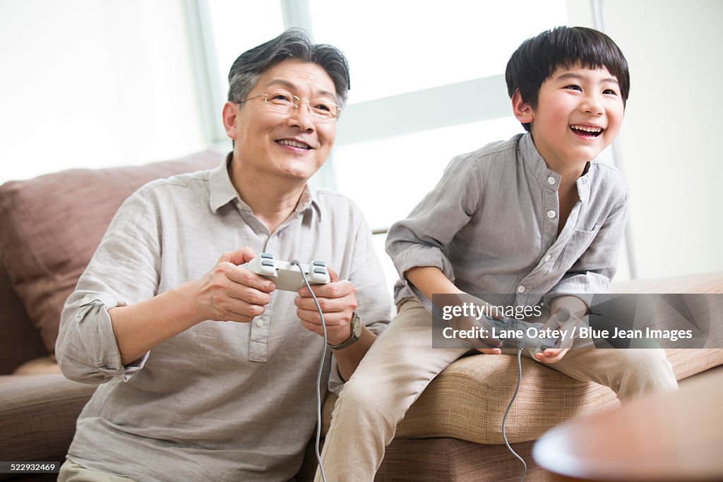 Cheerful grandfather and grandson playing video game