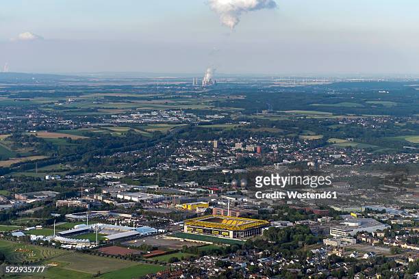 germany, aachen, aerial view of the city with power plant and stadium - aachen photos et images de collection
