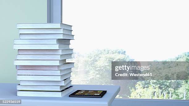 e-reader and stack of book lying on a table in front of a window, 3d rendering - analog stock illustrations