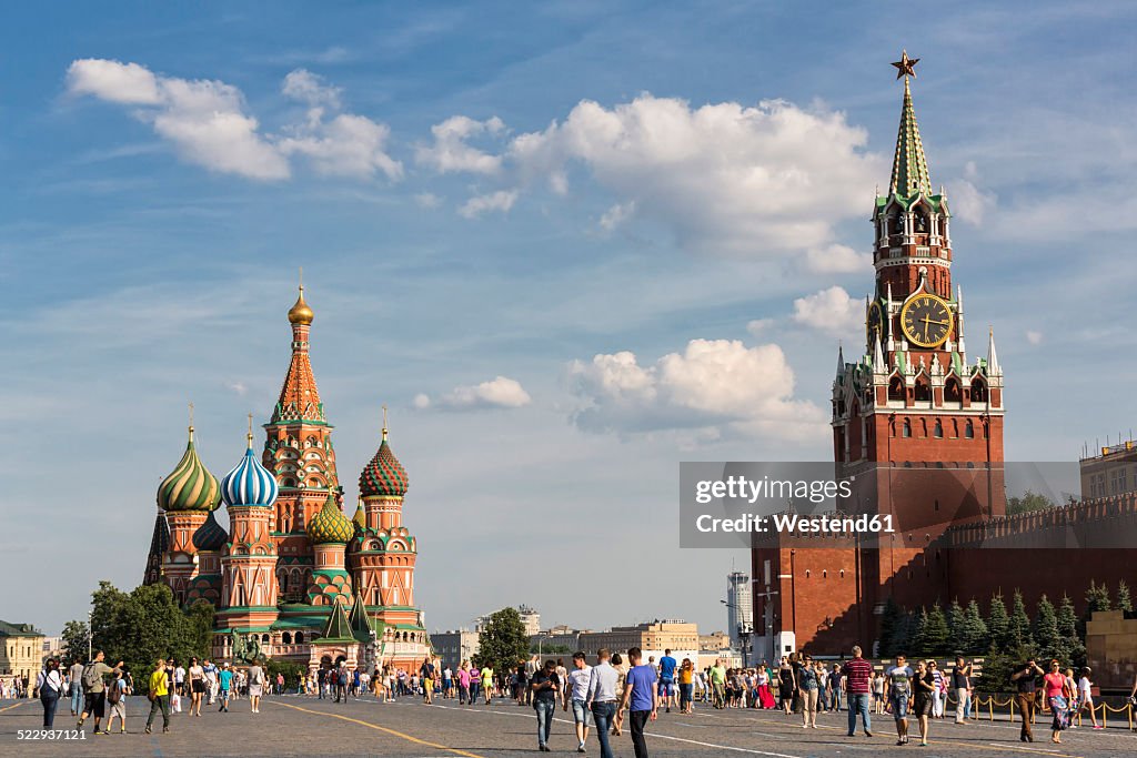 Russia, Moscow, Saint Basil's Cathedral with Kremlin Wall and Spasskaya Tower