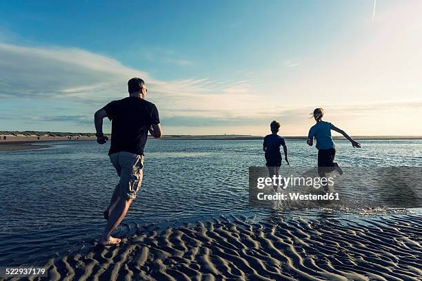netherlands, ouddorp, father with children running on beach - running netherlands stock pictures, royalty-free photos & images