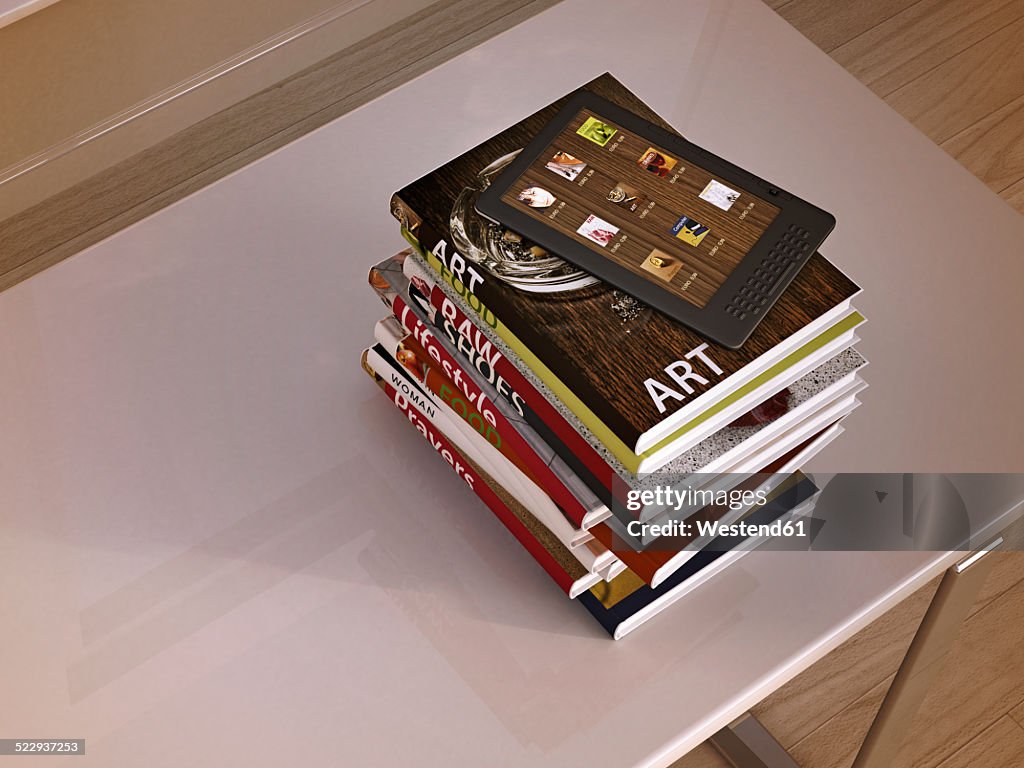 E-reader and stack of books lying on a table, 3D Rendering