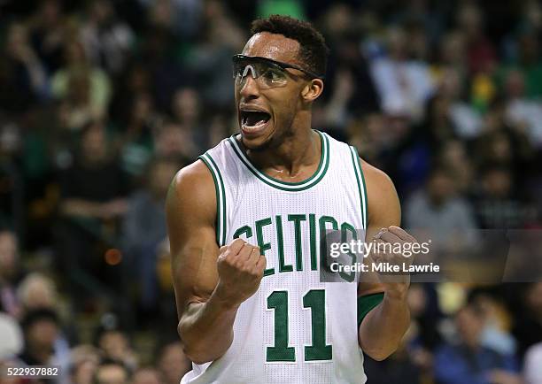 Evan Turner of the Boston Celtics reacts to a foul call in the fourth quarter against the Charlotte Hornets at TD Garden on April 11, 2016 in Boston,...