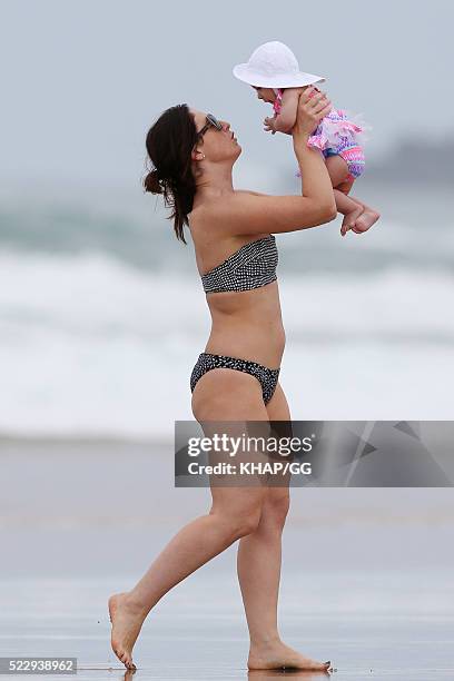 Glenn and Sarah McGrath and their family pictured enjoying a beach outing while holidaying on April 18, 2016 in Byron Bay, Australia.