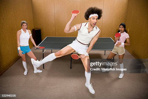 table tennis nerd acting silly - funny ping pong stock-fotos und bilder