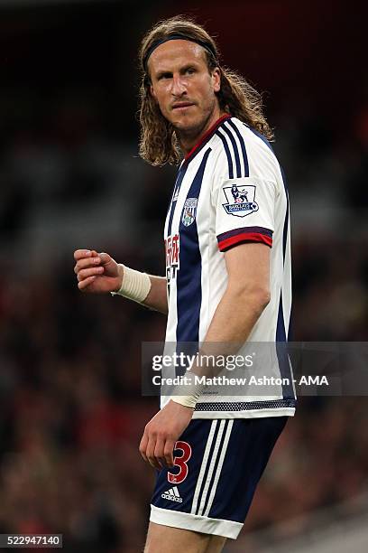 Jonas Olsson of West Bromwich Albion looks on during the Barclays Premier League match between Arsenal and West Bromwich Albion at the Emirates...