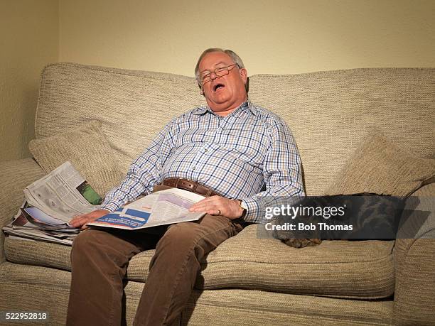 senior man napping on couch - cat bored stock-fotos und bilder