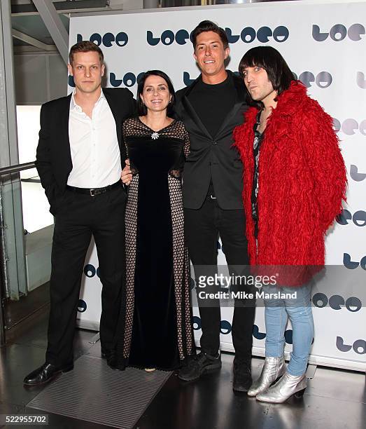 Max Bennett, Sadie Frost, Ben Charles and Noel Fielding attend the UK film premiere of "Set The Thames On Fire" - on April 21, 2016 in London, United...