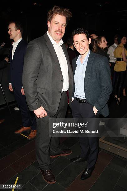 Cast members / Writers Henry Lewis and Jonathan Sayer attend the press night after party for "The Comedy About A Bank Robbery" at Mint Leaf on April...