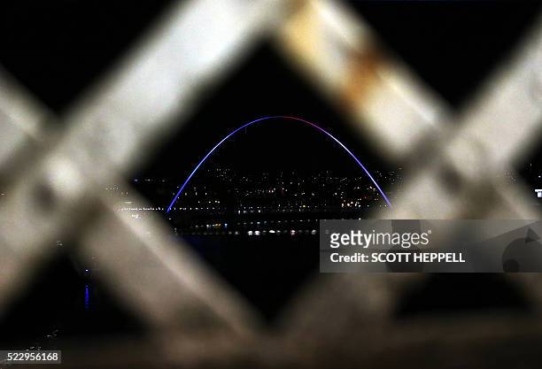 The Gateshead Millenium Bridge which spans the River Tyne is lit up in the colours of red, white and blue as a tribute to Britain's Queen Elizabeth...