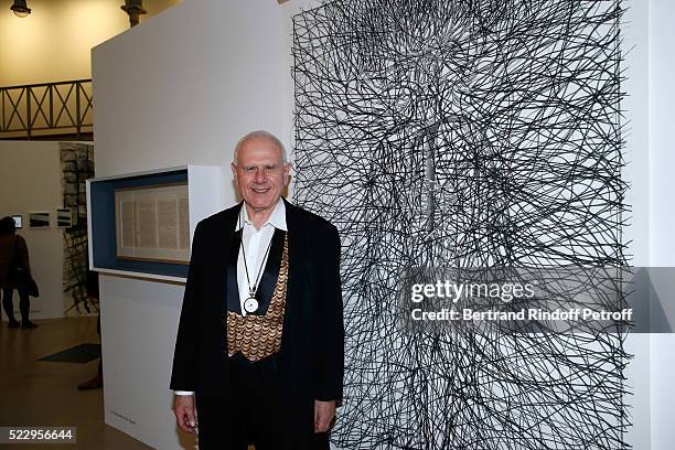 Artist Klaus Rinke poses in front of his work during the Pierre Guyotat, "La matiere de nos oeuvres" Exhibition Opening at Azzedine Alaia Gallery on...