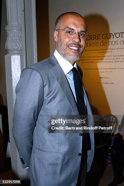 Galerist Kamel Mennour attends the Pierre Guyotat, "La matiere de nos oeuvres" Exhibition Opening at Azzedine Alaia Gallery on April 21, 2016 in...