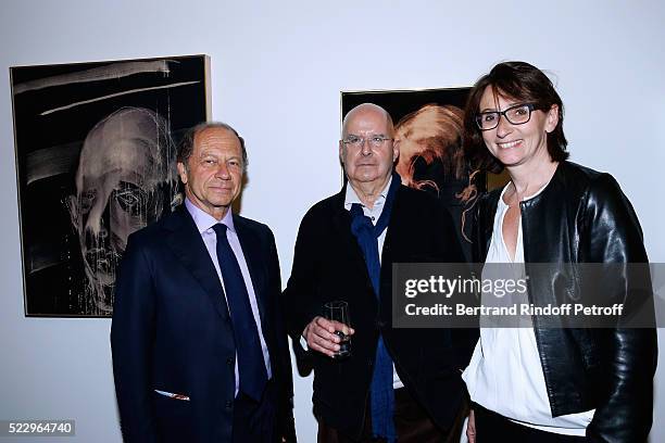 Jean-Claude Meyer, Writer Pierre Guyotat and President of BnF attend the Pierre Guyotat, "La matiere de nos oeuvres" Exhibition Opening at Azzedine...