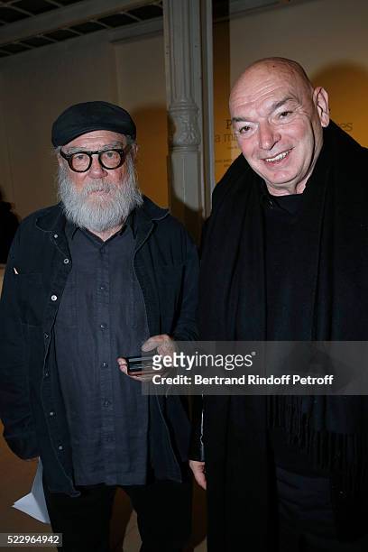 Artist Paul McCarthy and architect Jean Nouvel attend the Pierre Guyotat, "La matiere de nos oeuvres" Exhibition Opening at Azzedine Alaia Gallery on...