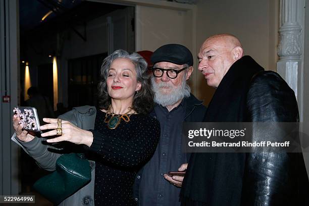 Journalist Judith Benhamou, artist Paul McCarthy and architect Jean Nouvel attend the Pierre Guyotat, "La matiere de nos oeuvres" Exhibition Opening...