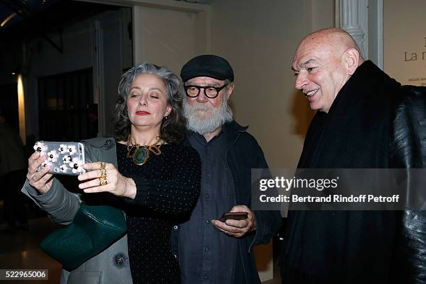 Journalist Judith Benhamou, artist Paul McCarthy and architect Jean Nouvel attend the Pierre Guyotat, "La matiere de nos oeuvres" Exhibition Opening...