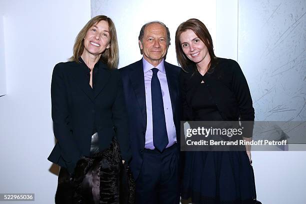 Jean-Claude Meyer standing between his wife Nathalie Meyer and Clemence Krzentowski attend the Pierre Guyotat, "La matiere de nos oeuvres" Exhibition...