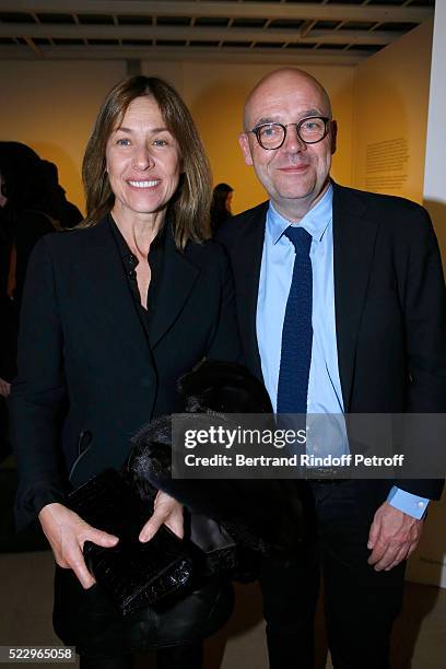 Nathalie Meyer and President of Museum of Modern Art of Paris Fabrice Hergott attend the Pierre Guyotat, "La matiere de nos oeuvres" Exhibition...