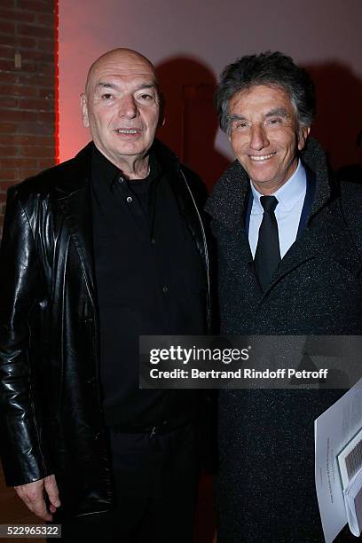 Architect Jean Nouvel and President of the 'Institut du Monde Arabe' Jack Lang attend the Pierre Guyotat, "La matiere de nos oeuvres" Exhibition...