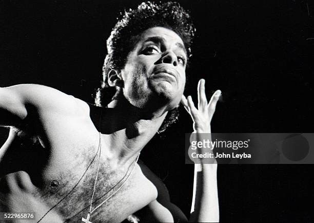 Pop star Prince performs during a tour stop in Denver at McNichols Arena July 1986. The pop star died Thursday morning at his Paisley Park estate in...