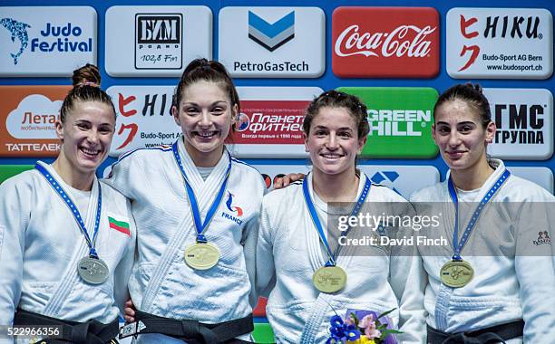 Under 57kg medallists Silver: Ivelina Ilieva of Bulgaria, Gold: Automne Pavia of France, Bronzes: Nora Gjakova of Kosovo and Timna Nelson Levy of...