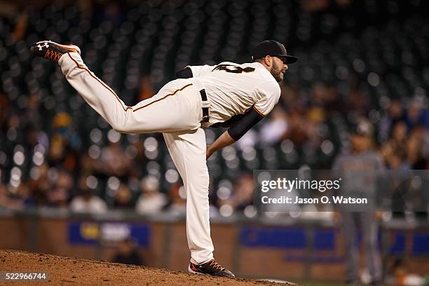 Chris Heston of the San Francisco Giants pitches against the Arizona Diamondbacks during the eleventh inning at AT&T Park on April 18, 2016 in San...