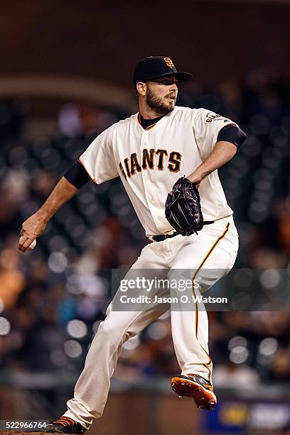 Chris Heston of the San Francisco Giants pitches against the Arizona Diamondbacks during the eleventh inning at AT&T Park on April 18, 2016 in San...